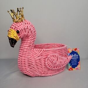 NWT Pink Flamingo With Crown Hello Summer! by Ciroa  Serving Basket Resin Wicker